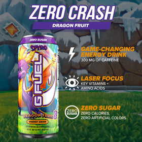 G Fuel Dragon Fruit can close-up shows Spyro artwork and refreshing energy.