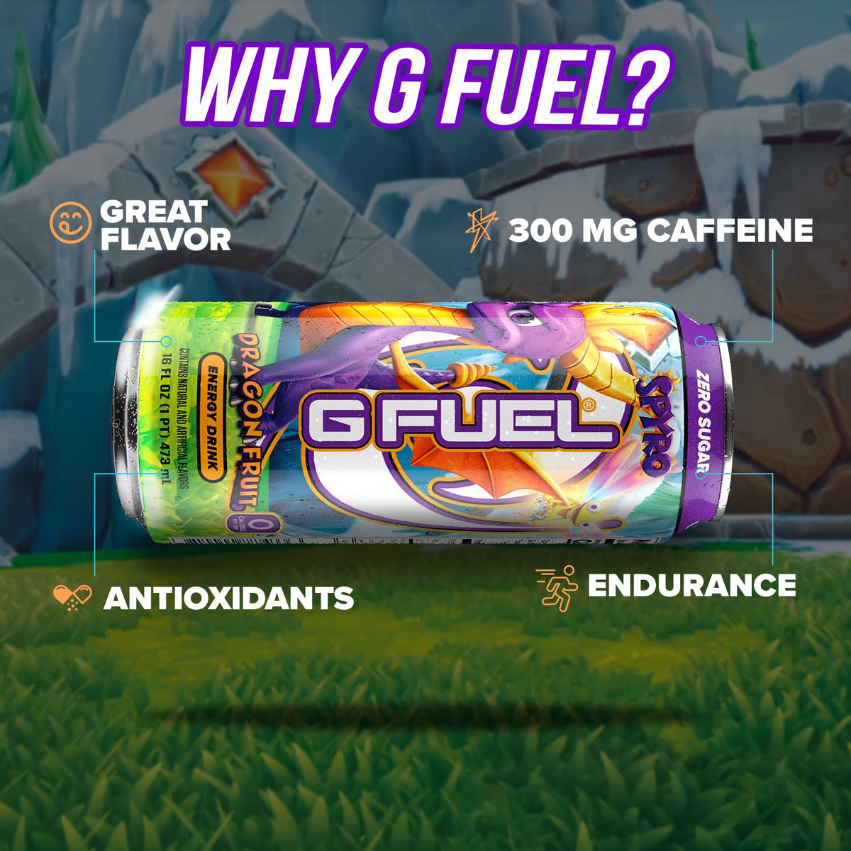 G Fuel Dragon Fruit can side view highlights compact 16 oz design for on-the-go energy.