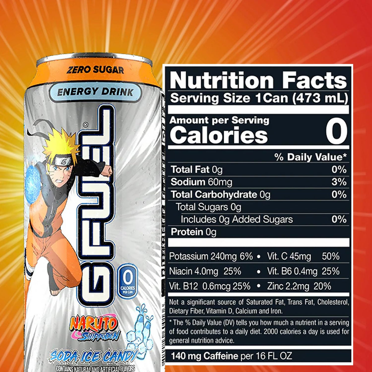 G Fuel Naruto artwork detail showcasing bold branding and lifestyle appeal.