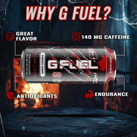 G Fuel Nightmare on Elm Street can emphasizes 140 mg caffeine per can.