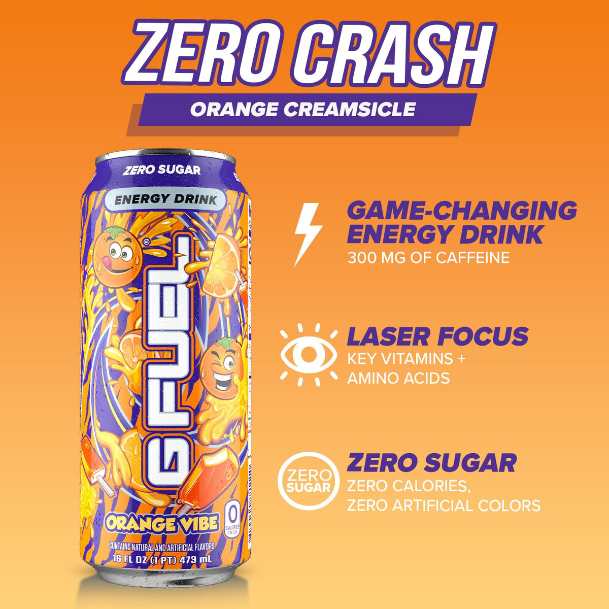 Close-up of 16 oz Orange Vibe can highlighting zero sugar and antioxidant blend.