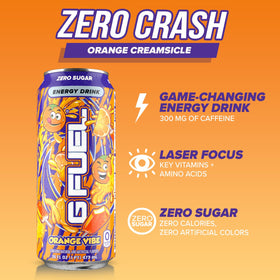 Close-up of 16 oz Orange Vibe can highlighting zero sugar and antioxidant blend.