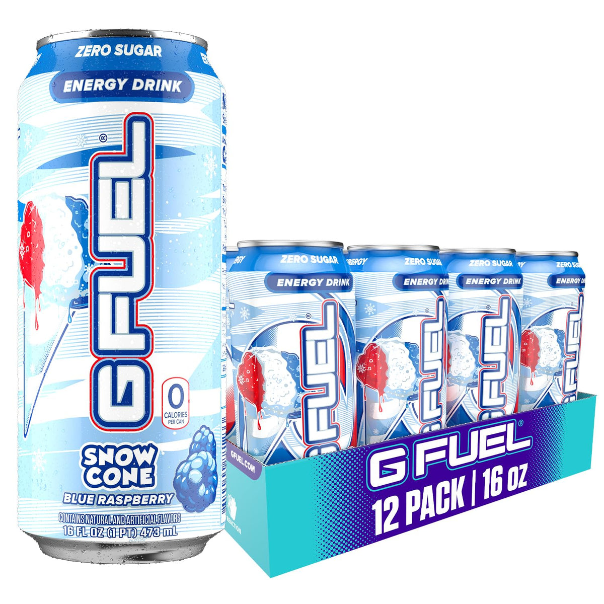 G Fuel Snow Cone can front view, highlighting bold energy label for focus