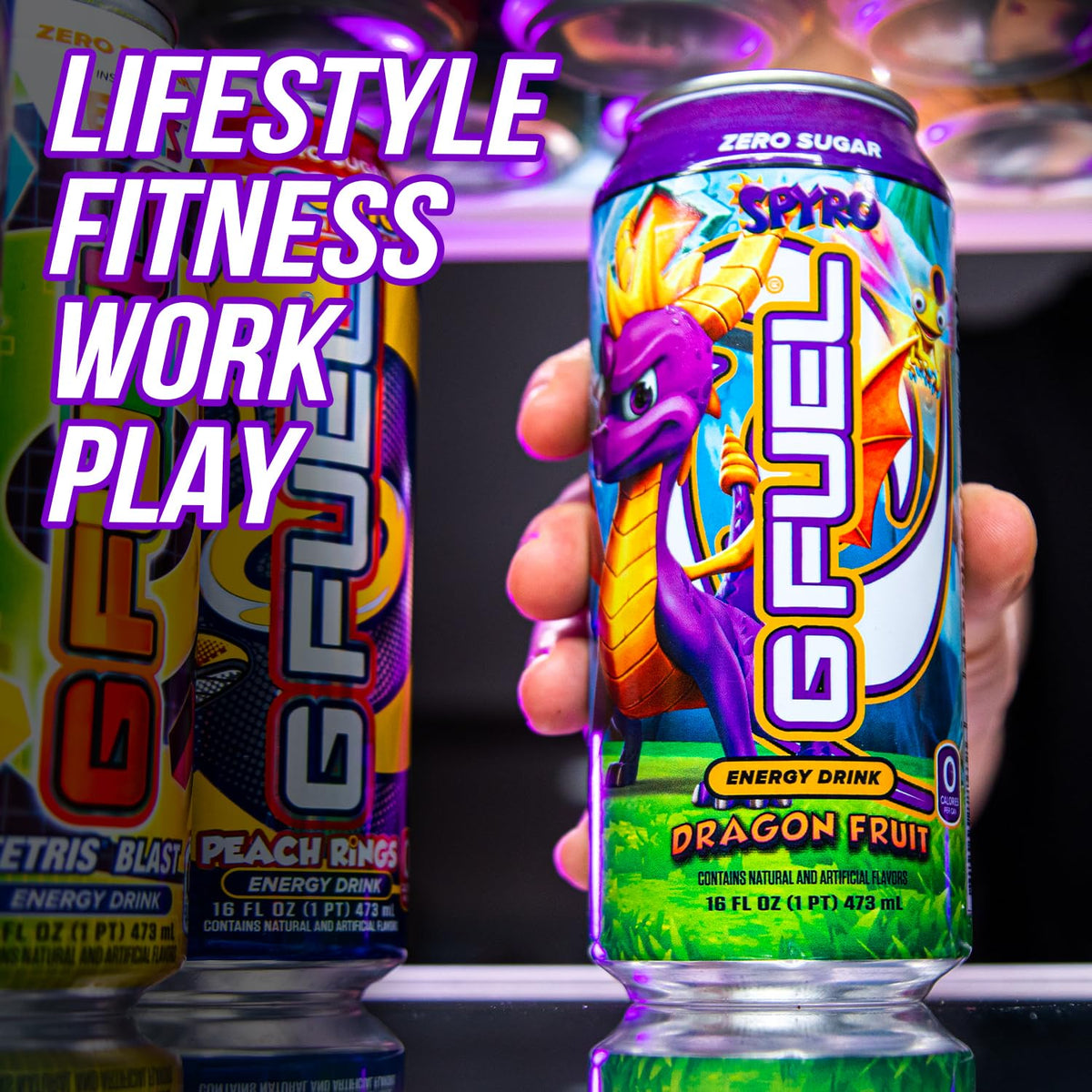 G Fuel Spyro activation pack shot shows collectible branding and convenient caffeine source.