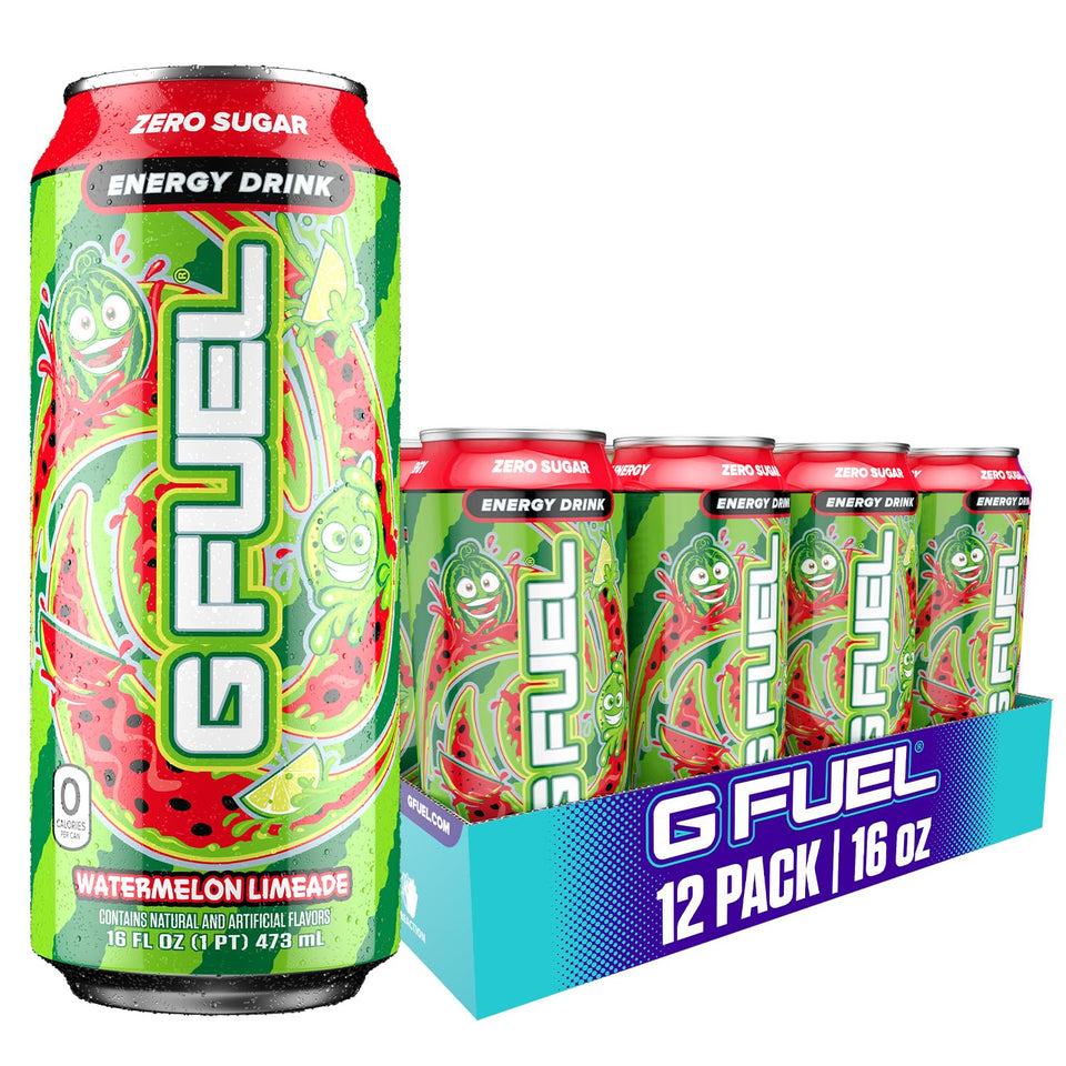 G Fuel Watermelon Limeade can with vibrant label boosts gaming focus.