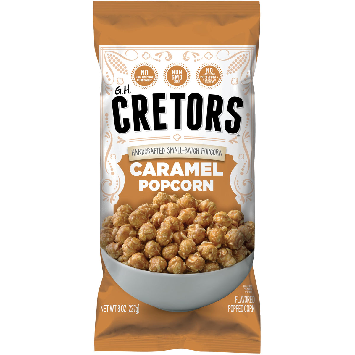 G.H. Cretors caramel corn 8oz bag closeup, rich butter caramel flavor for snacking