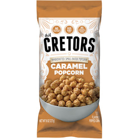 G.H. Cretors caramel corn 8oz bag closeup, rich butter caramel flavor for snacking