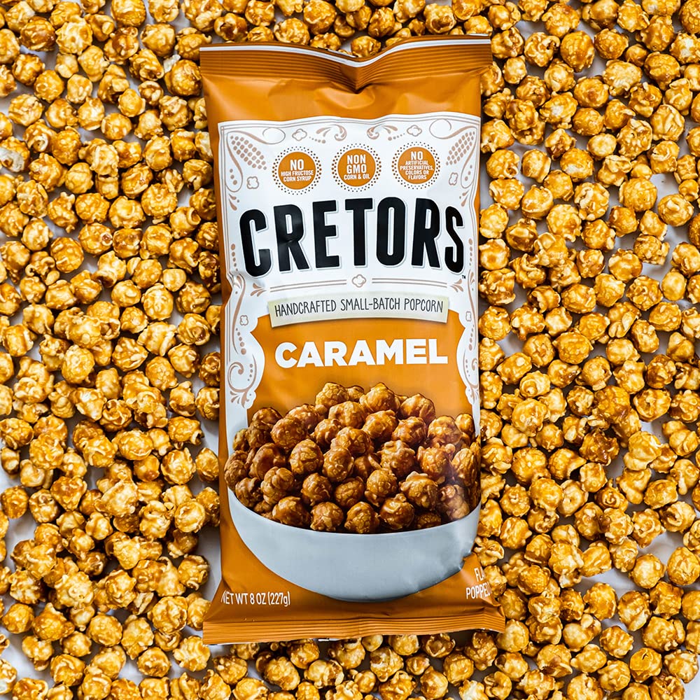 G.H. Cretors caramel popcorn bag close-up highlights glossy caramel.