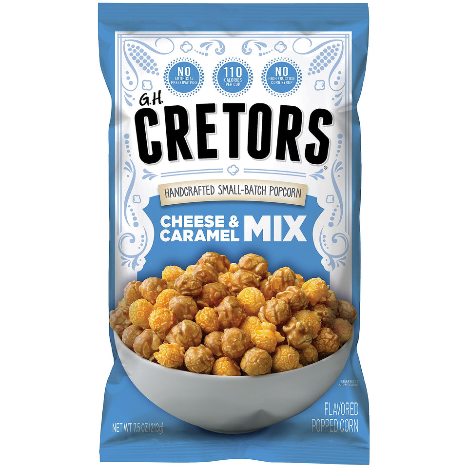 G.H. Cretors cheese and caramel popcorn bag for on-the-go snacking.
