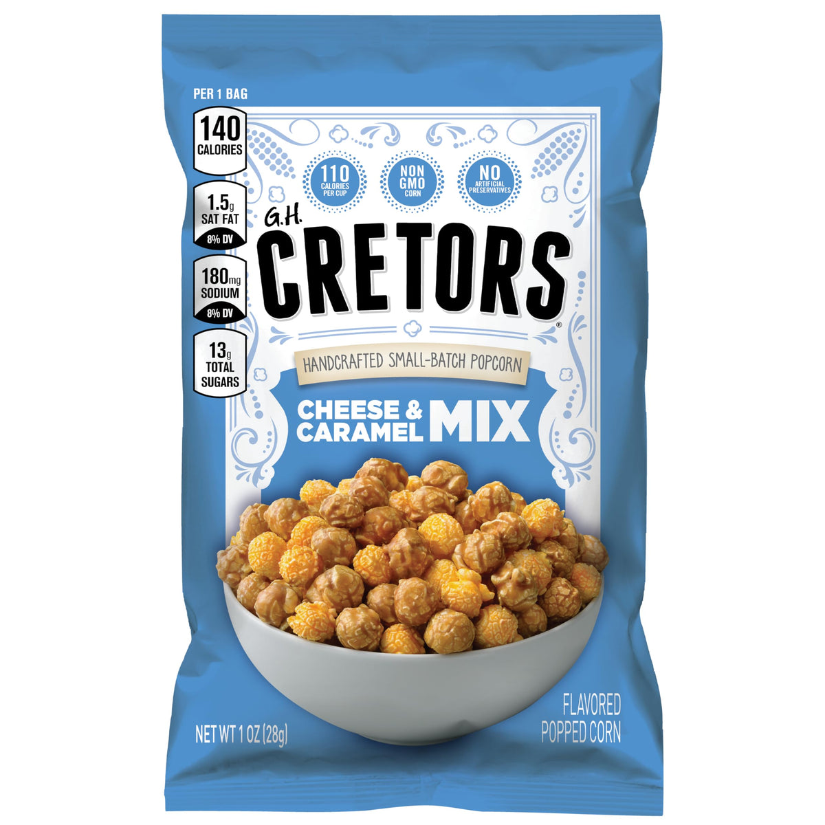 G. H. Cretors Cheese and Caramel Mix bag interior reveals ready to eat portions