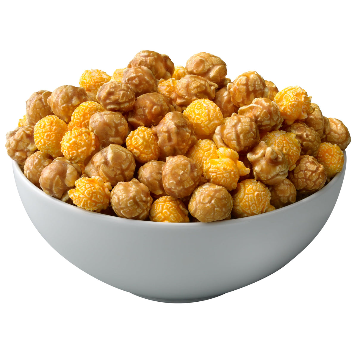 G. H. Cretors Cheese and Caramel Mix cheddar popcorn closeup highlights real cheddar flavor