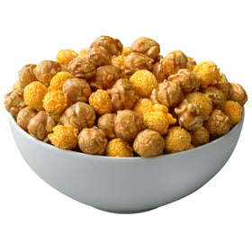 G. H. Cretors Cheese and Caramel Mix cheddar popcorn closeup highlights real cheddar flavor