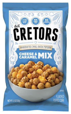 G.H. Cretors Cheese & Caramel Mix pack front, ready for family snacking.
