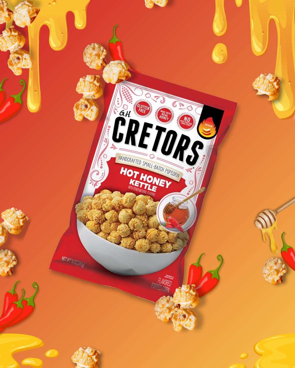 Close-up of G.H. Cretors Hot Honey Kettle popcorn kernels with honey glaze
