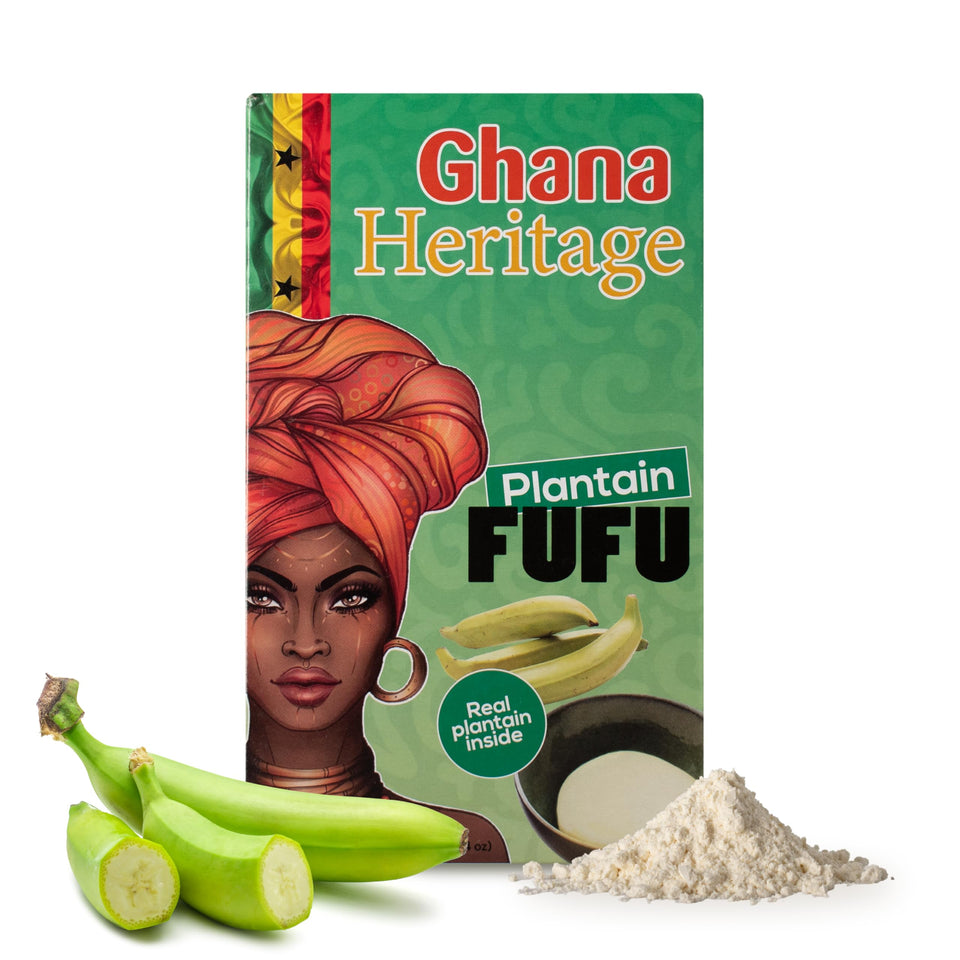Ghana Heritage Plantain Fufu Flour bag showcases gluten-free fufu option for family meals.