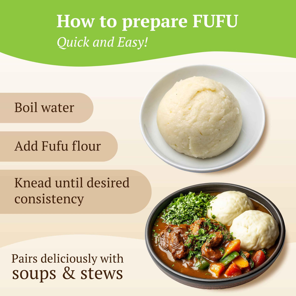 Ghana Heritage Plantain Fufu Flour with cooking pot illustrates fast, smooth swallow preparation.