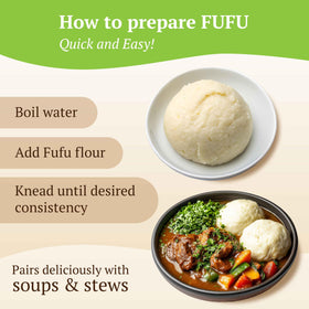 Ghana Heritage Plantain Fufu Flour with cooking pot illustrates fast, smooth swallow preparation.