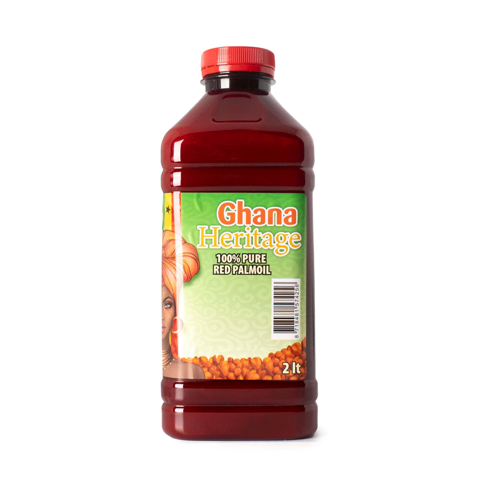 Ghana Heritage red palm oil 2-liter bottle front for vibrant cooking color.