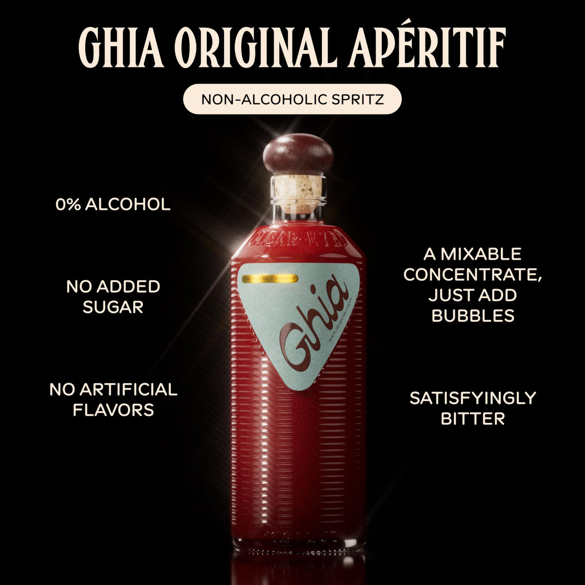Ghia original apéritif bottle label closeup highlights premium ingredients and modern, non-alcoholic taste.