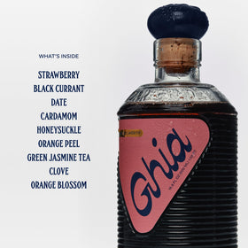 Closeup of Ghia Berry Aperitif bottle showing vibrant berry color