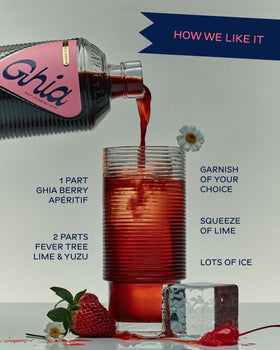 Arrangement of Ghia Berry Aperitif ingredients emphasizing real fruit and tea