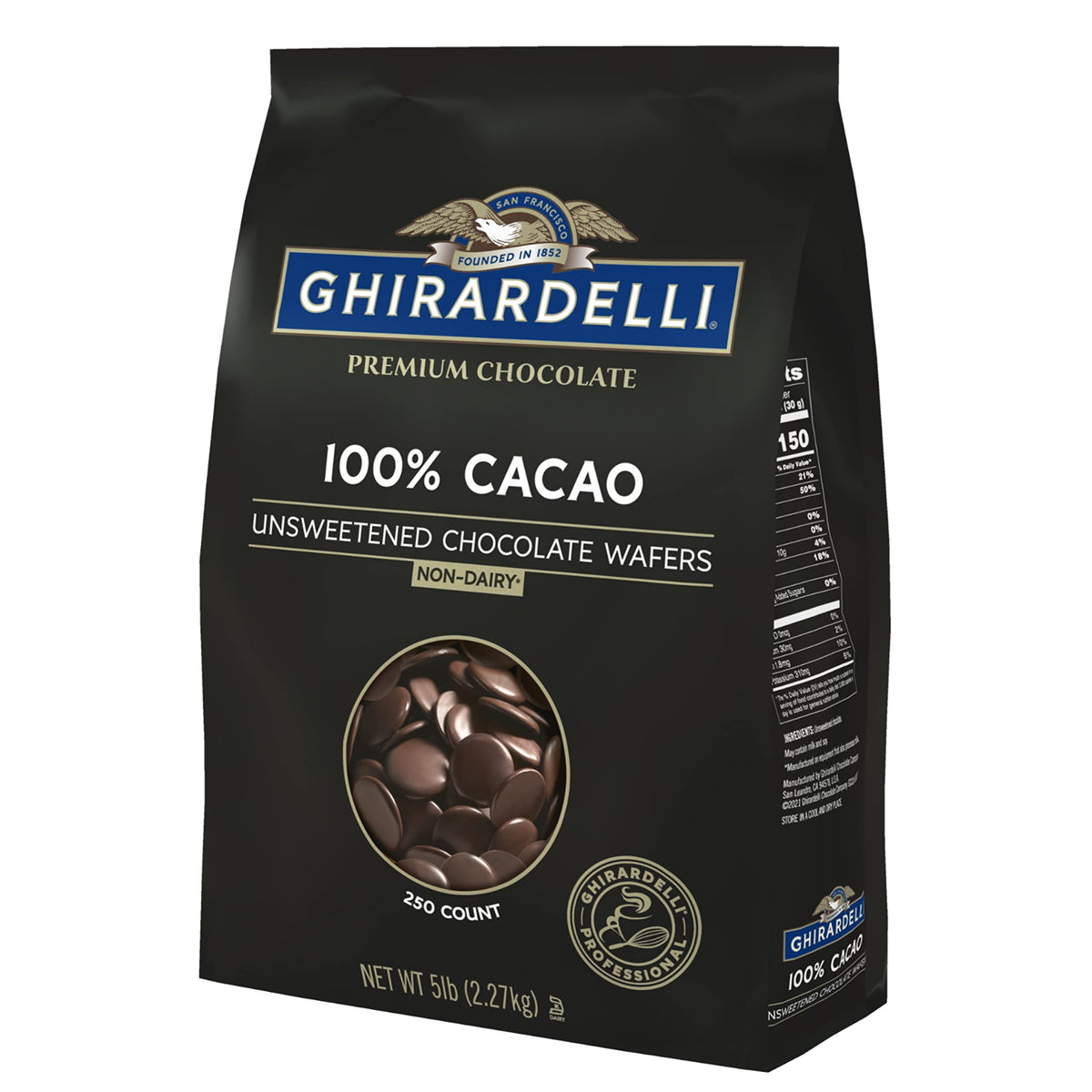 Ghirardelli 100% cacao unsweetened wafers packaging shows a 5lb bag for efficient foodservice use.