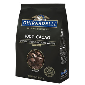 Ghirardelli 100% cacao unsweetened wafers packaging shows a 5lb bag for efficient foodservice use.