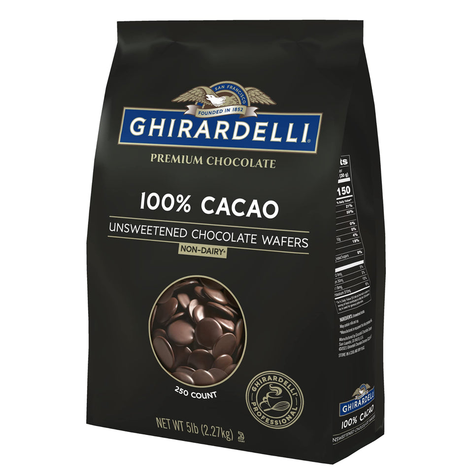 Ghirardelli 100% cacao unsweetened wafers packaging shows a 5lb bag for efficient foodservice use.