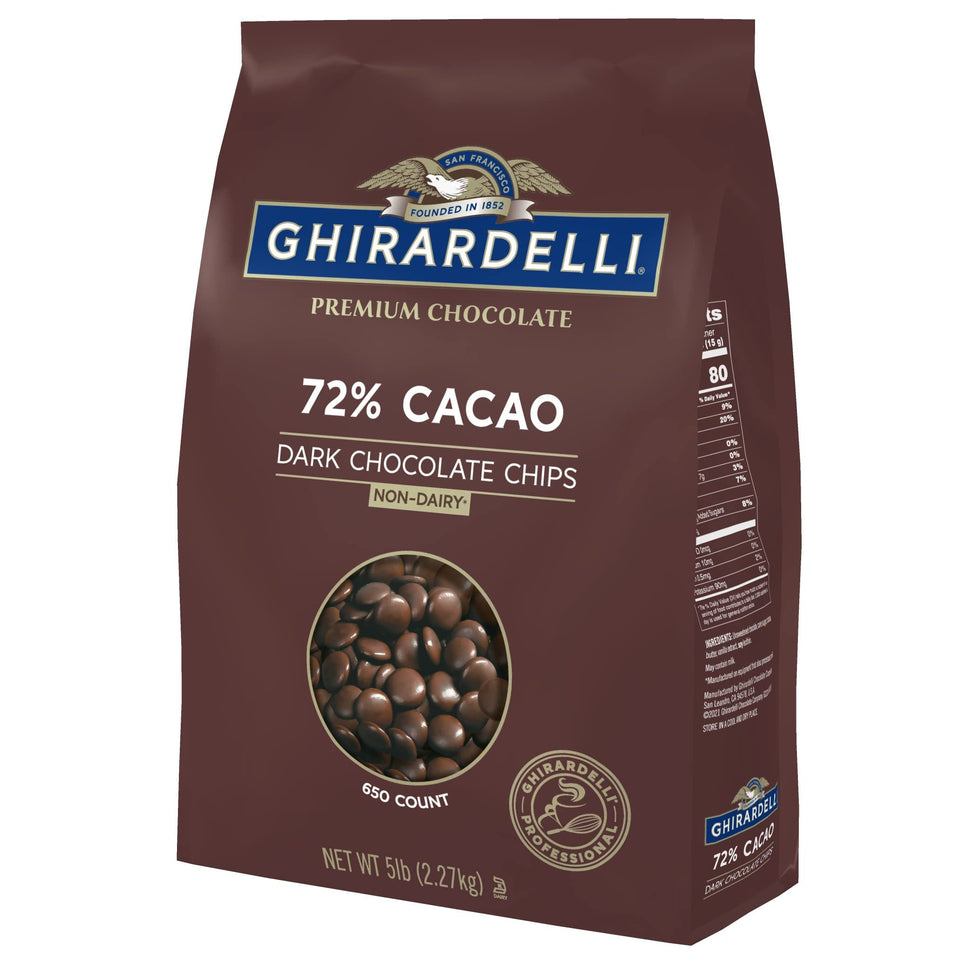 Ghirardelli 72% cacao dark chocolate chips on-shelf 5lb bag for high-volume dessert prep