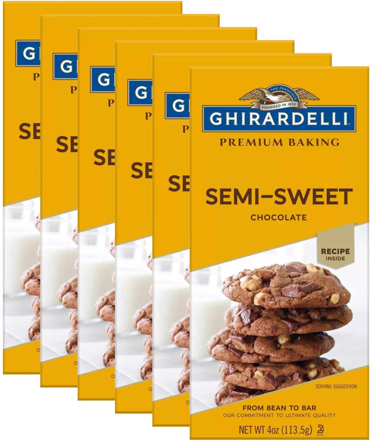 Ghirardelli semi-sweet baking bar unwrapped, rich cocoa flavor for baking