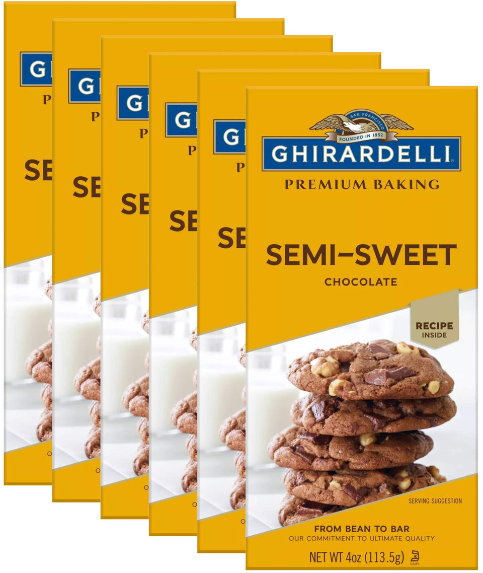 Ghirardelli semi-sweet baking bar unwrapped, rich cocoa flavor for baking