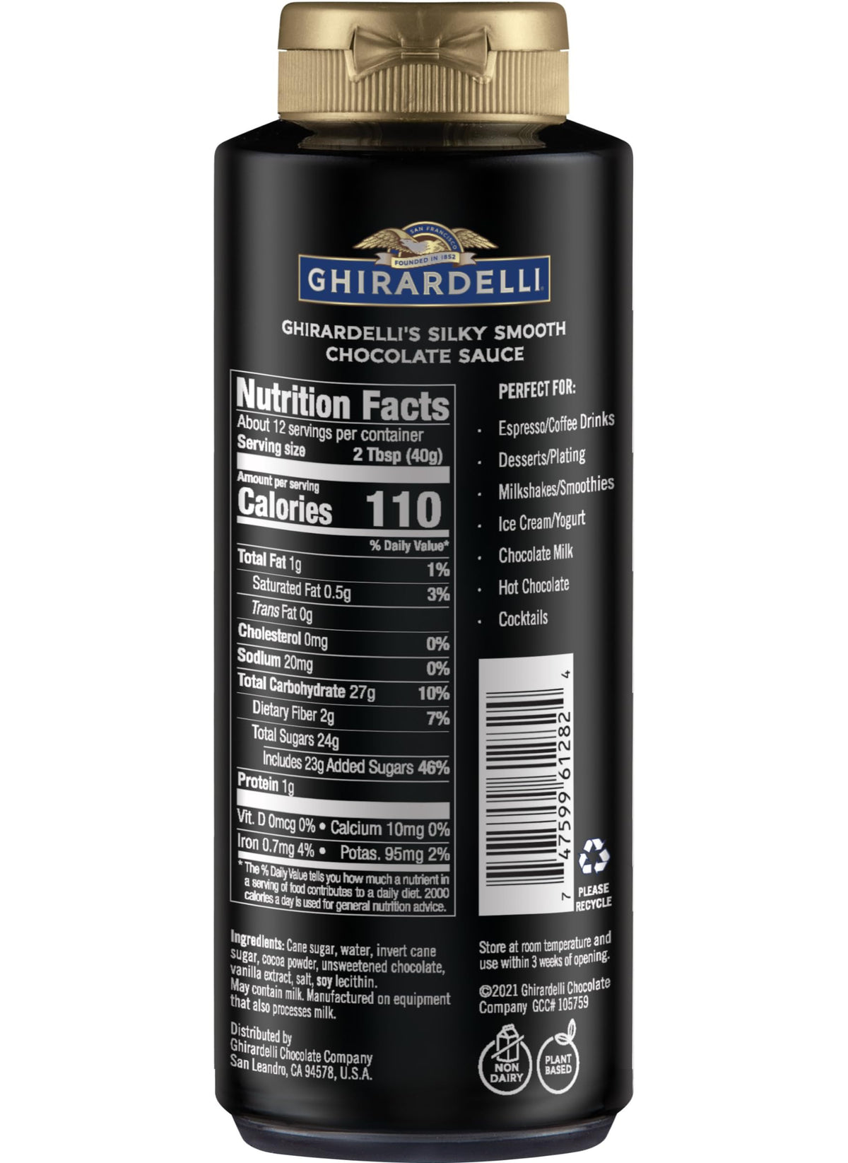 Ghirardelli Black Label bottle drizzle over desserts for smooth cocoa drizzle.