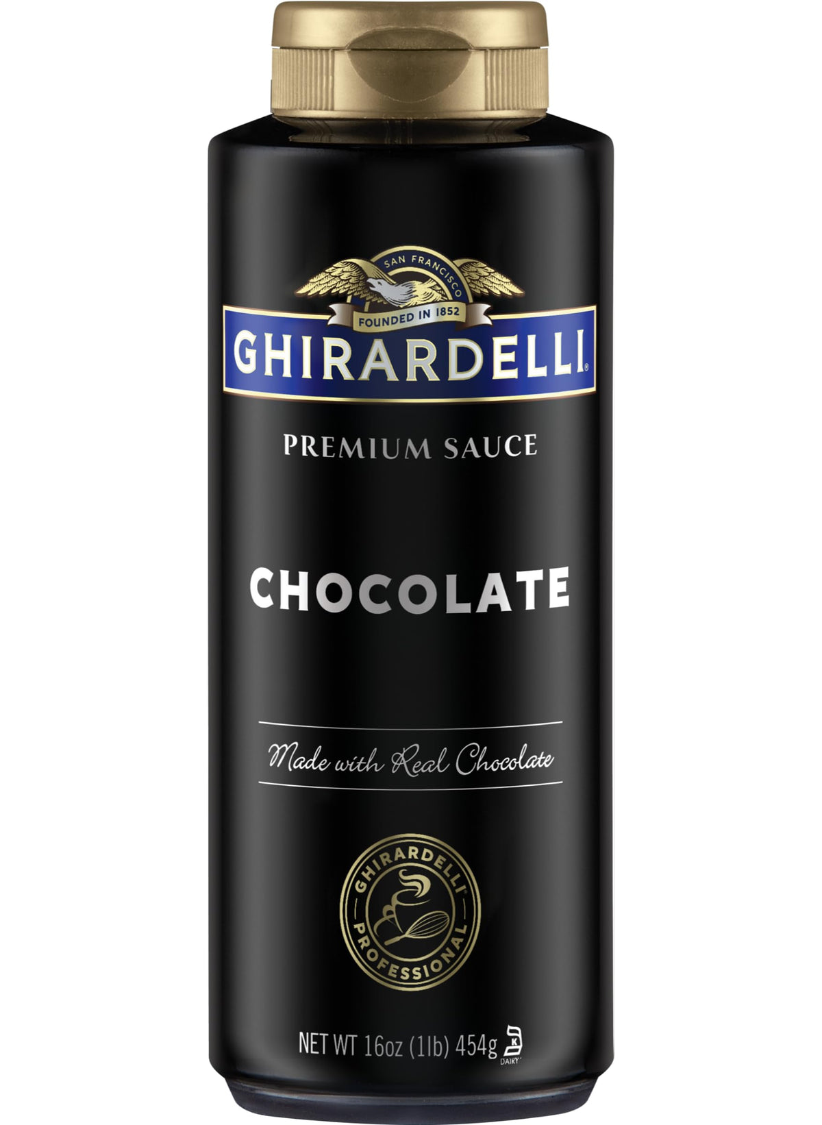 Ghirardelli Black Label chocolate sauce bottle ice cream topping for indulgent finish.