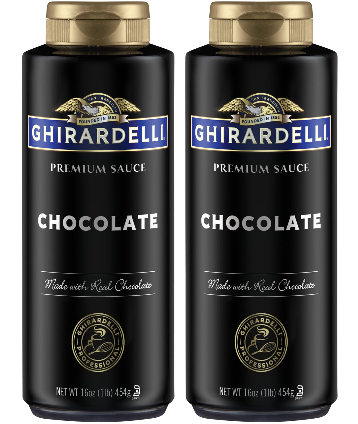 Ghirardelli Black Label chocolate sauce bottle pour over ice cream for rich flavor.
