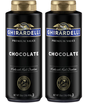 Ghirardelli Black Label chocolate sauce bottle pour over ice cream for rich flavor.