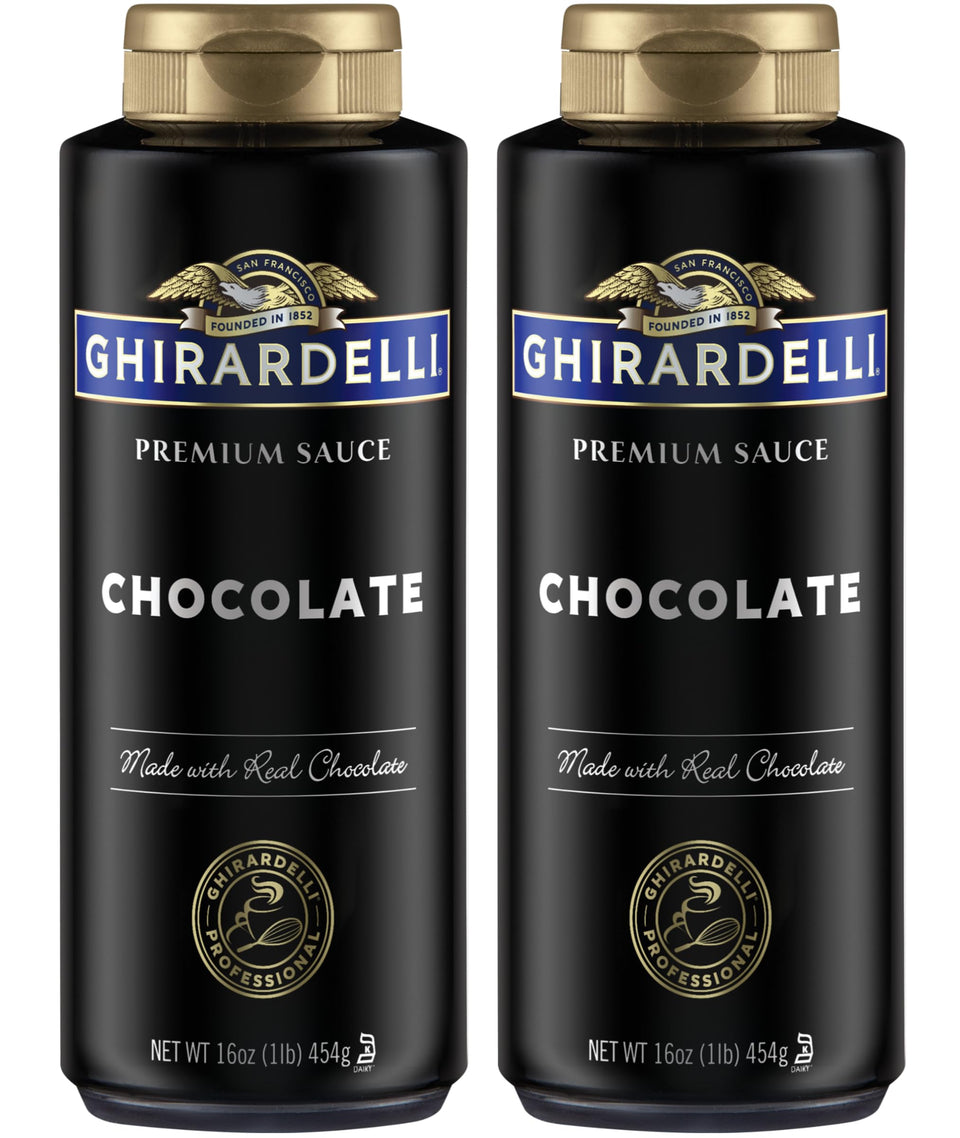 Ghirardelli Black Label chocolate sauce bottle pour over ice cream for rich flavor.