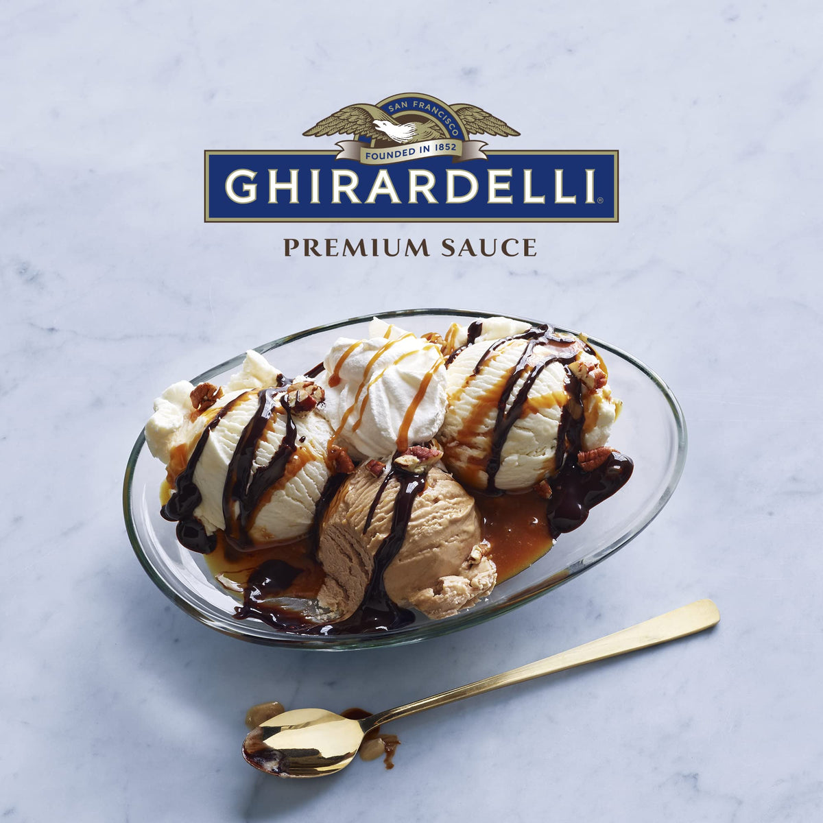 Ghirardelli Black Label 16oz bottle shown for easy family desserts.