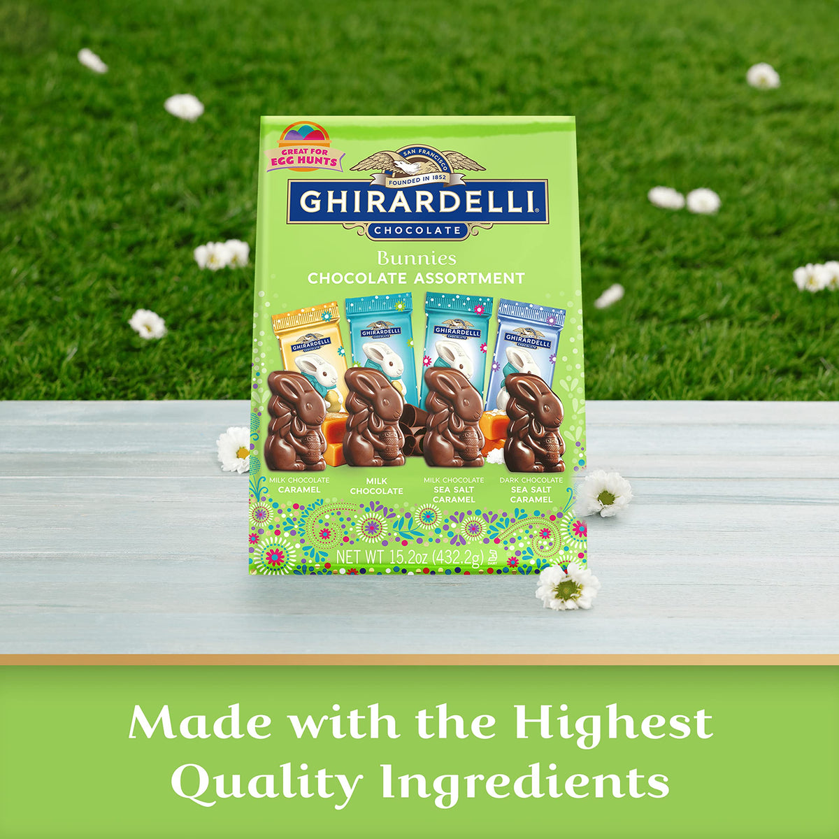 Ghirardelli Bunnies milk chocolate caramel bunnies in individual wrappers for easy gifting.