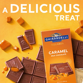 Ghirardelli caramel milk chocolate squares bar gift-ready packaging for celebrations.