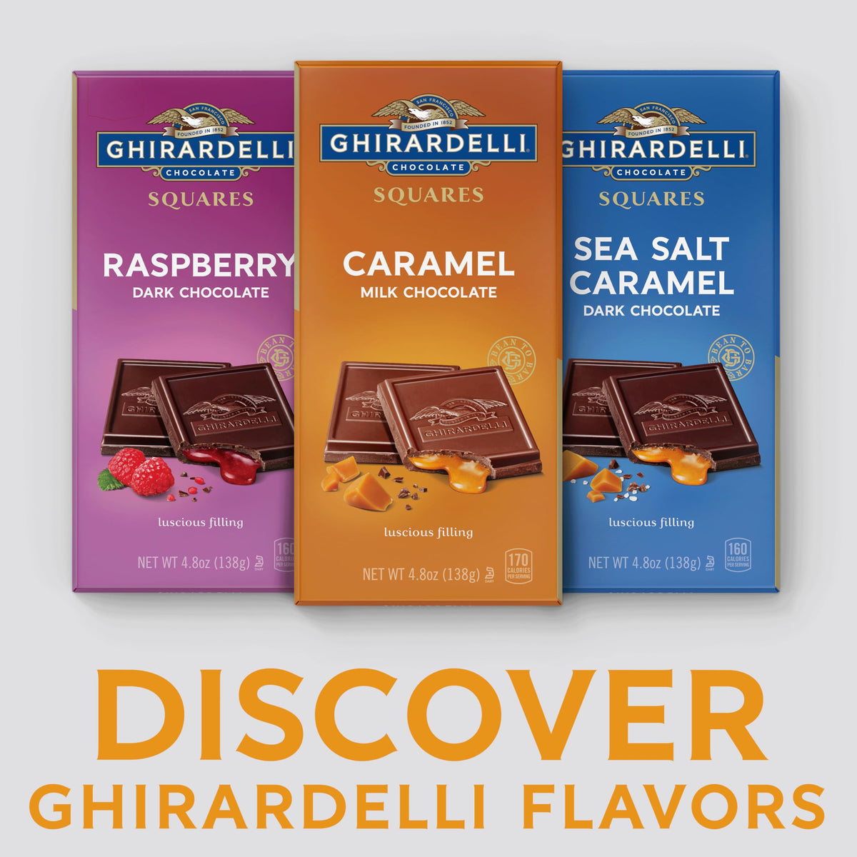 Ghirardelli caramel milk chocolate squares bar slice highlighting even caramel center, ideal for sharing.