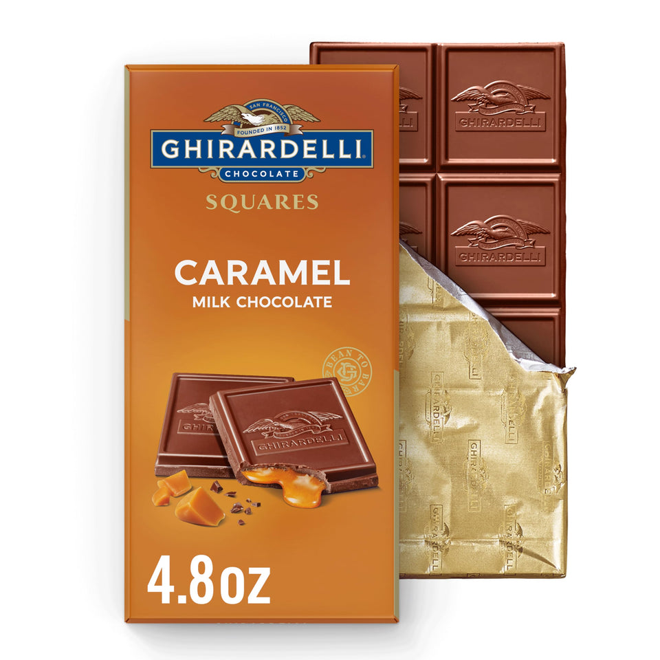 Ghirardelli caramel milk chocolate squares bar, unwrap reveal smooth caramel for a smooth bite.