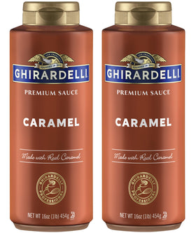 Ghirardelli caramel sauce bottles ready for topping desserts on a kitchen counter.