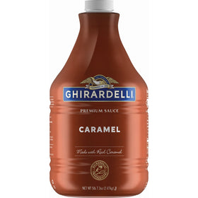 Ghirardelli caramel sauce pump bottle, hero image, silky caramel for drinks and toppings.