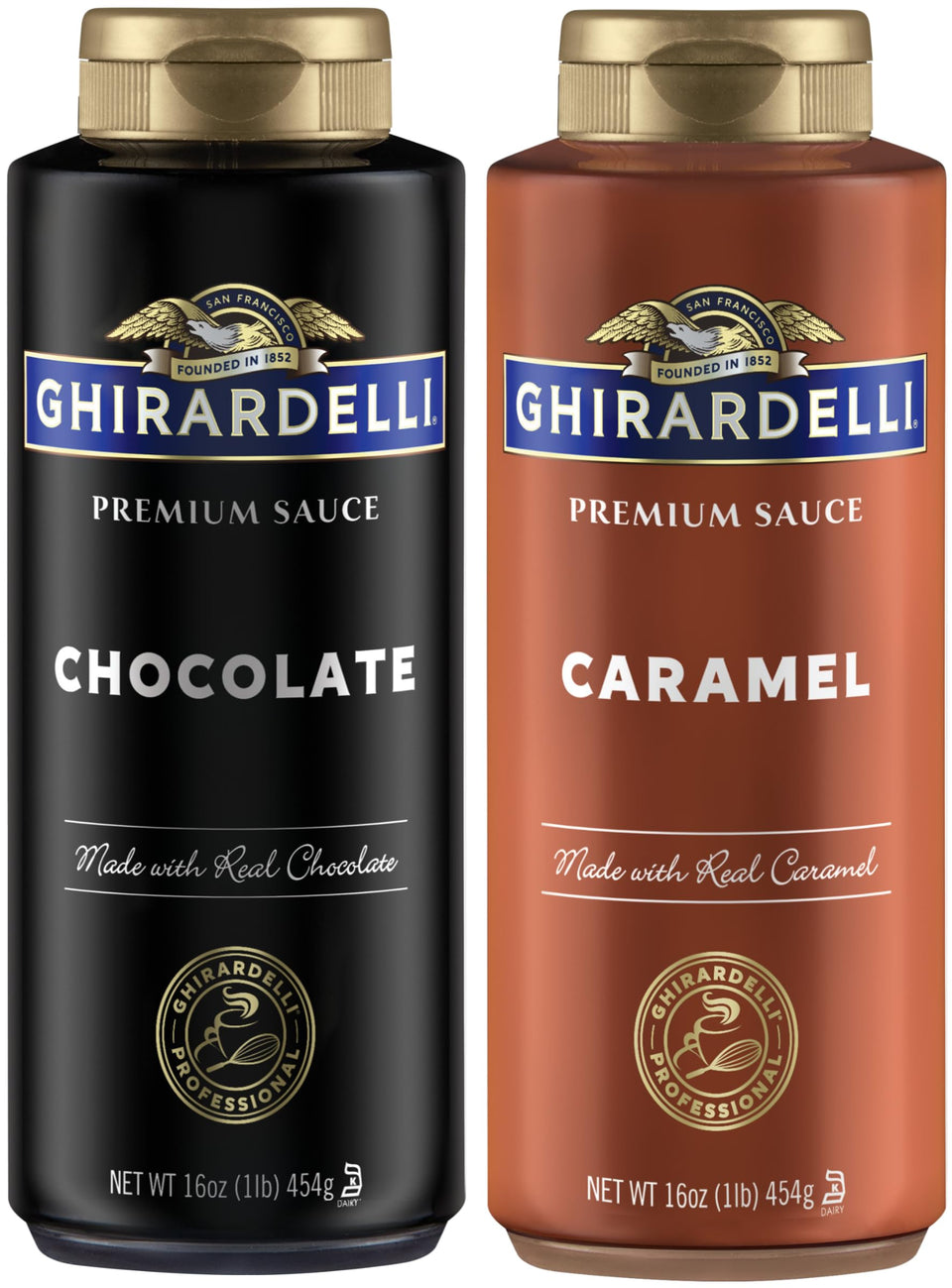 Ghirardelli Chocolate Sauce bottle 16oz ready to drizzle over desserts for rich flavor.