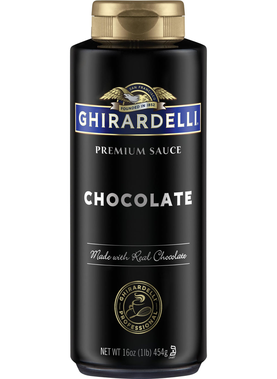 Ghirardelli chocolate sauce squeeze bottle ready for rich dessert drizzle
