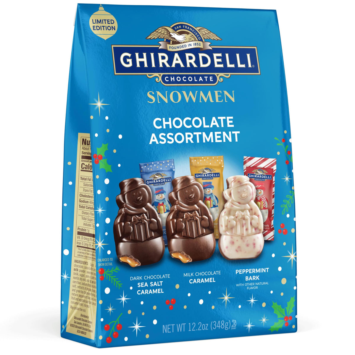 Ghirardelli Snowmen dark chocolate sea salt caramel on a festive platter.
