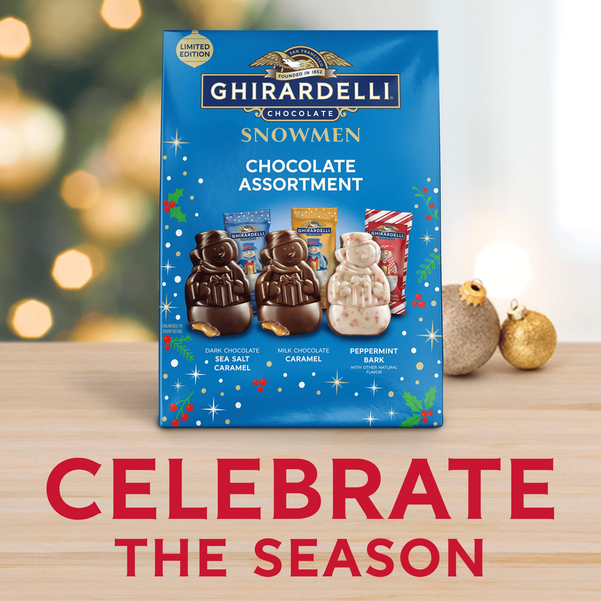 Ghirardelli Snowmen festive candy dish enhances dessert tables.