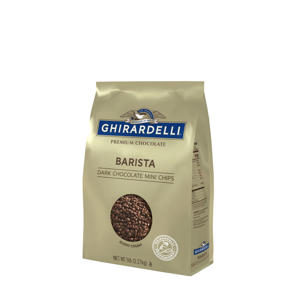 Ghirardelli mini chips close-up for premium dessert topping and rich chocolate flavor