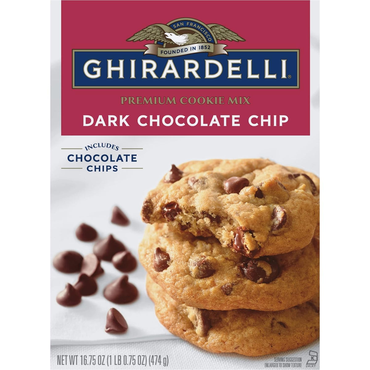 Ghirardelli dark chocolate chips closeup highlights rich flavor for indulgent treats.