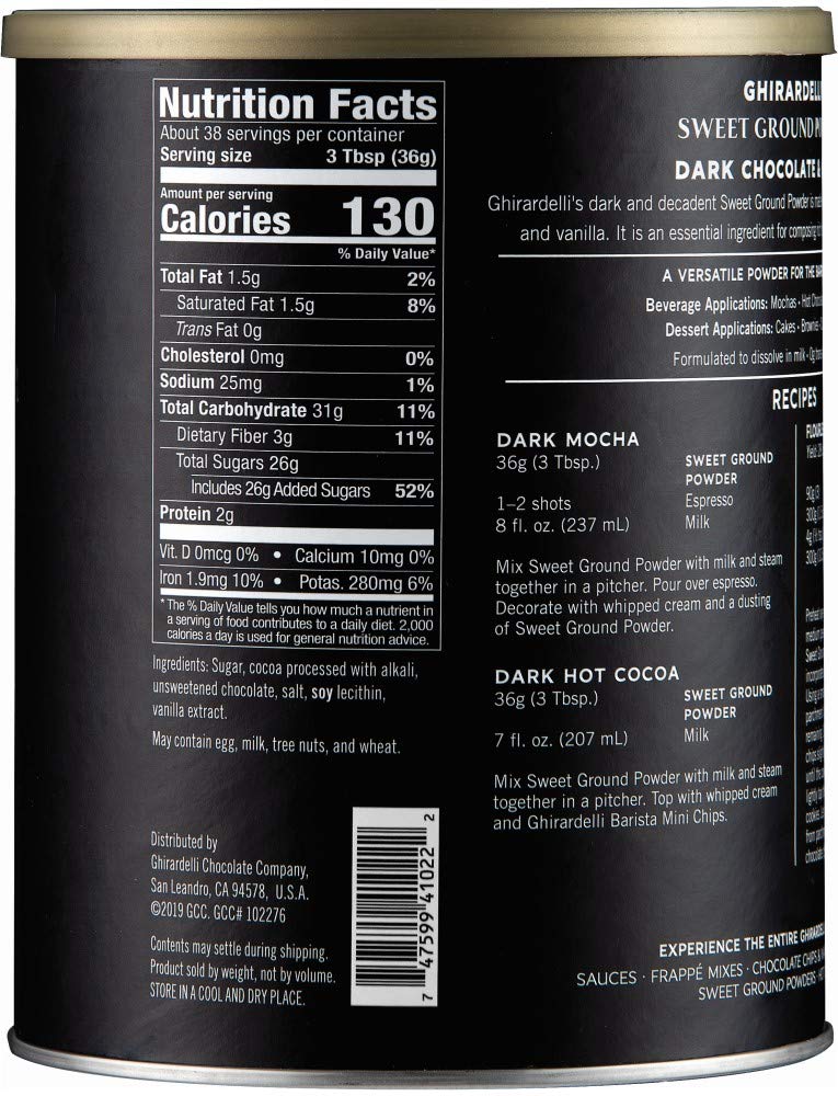 Ghirardelli dark chocolate cocoa powder in a mocha setup highlighting rich flavor for specialty coffee.